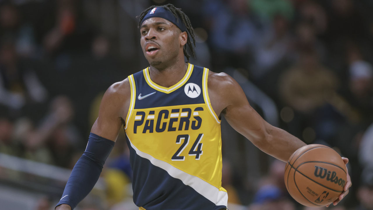 INDIANAPOLIS, IN - APRIL 03: Buddy Hield #24 of the Indiana Pacers is seen during the game against the Detroit Pistons at Gainbridge Fieldhouse on April 3, 2022 in Indianapolis, Indiana.