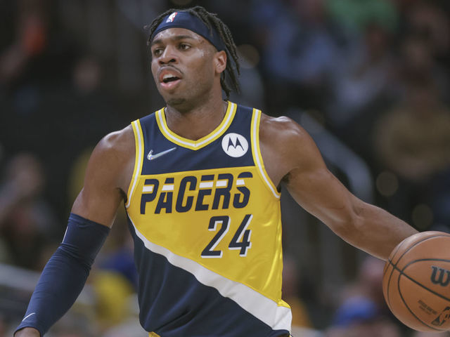 INDIANAPOLIS, IN - APRIL 03: Buddy Hield #24 of the Indiana Pacers is seen during the game against the Detroit Pistons at Gainbridge Fieldhouse on April 3, 2022 in Indianapolis, Indiana.