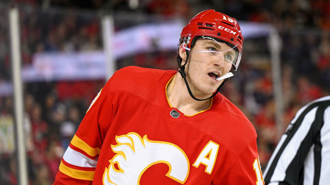 CALGARY, AB - APRIL 23: Calgary Flames Right Wing Matthew Tkachuk (19) looks on during the second period of an NHL game where the Calgary Flames hosted the Vancouver Canucks on April 23, 2022, at the Scotiabank Saddledome in Calgary, AB.
