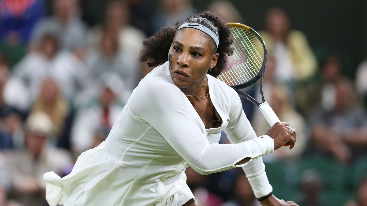 LONDON, ENGLAND - JUNE 28: Serena Williams (USA) during her Ladiess Singles First Round match against Harmony Tan (FRA) during day two of The Championships Wimbledon 2022 at All England Lawn Tennis and Croquet Club on June 28, 2022 in London, England.