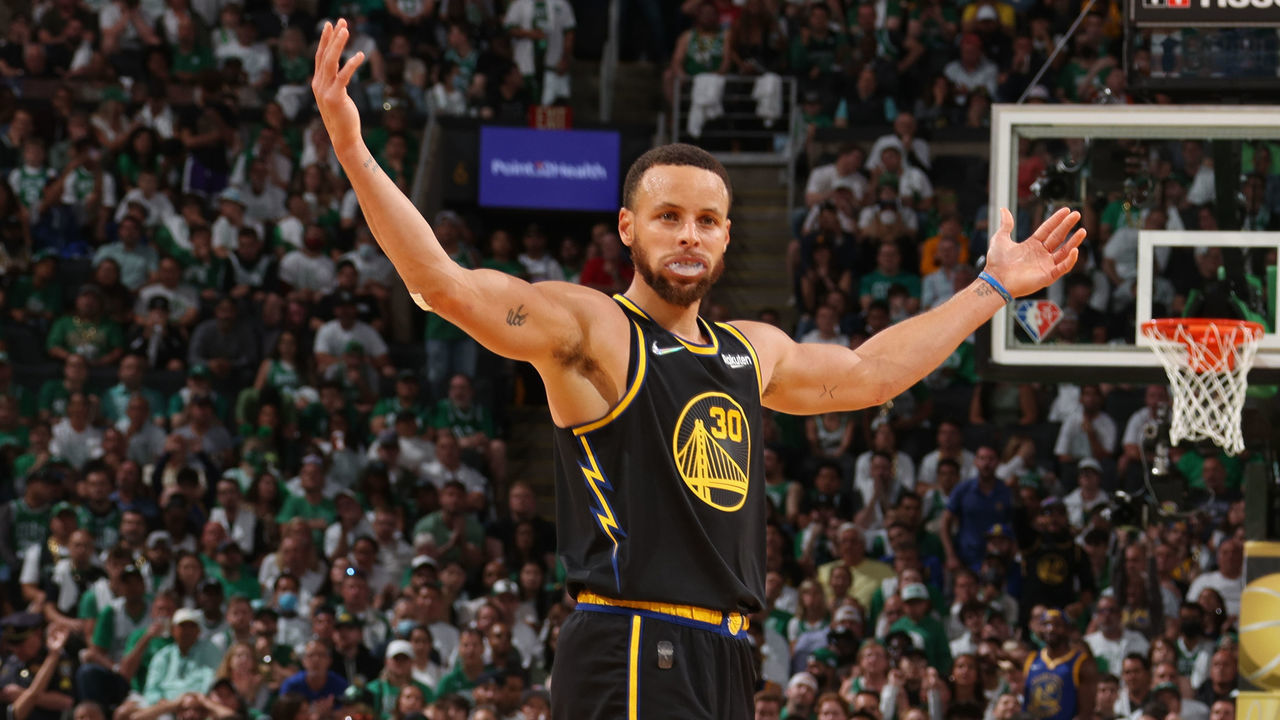 BOSTON, MA - JUNE 10: Stephen Curry #30 of the Golden State Warriors celebrates during Game Four of the 2022 NBA Finals on June 10, 2022 at TD Garden in Boston, Massachusetts. NOTE TO USER: User expressly acknowledges and agrees that, by downloading and or using this photograph, user is consenting to the terms and conditions of Getty Images License Agreement. Mandatory Copyright Notice: Copyright 2022 NBAE