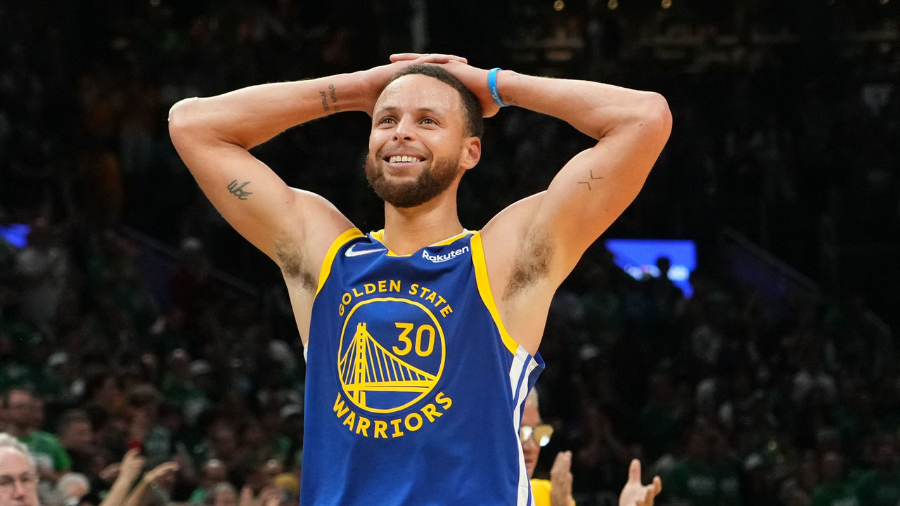 BOSTON, MA - JUNE 16: Stephen Curry #30 of the Golden State Warriors smiles during Game Six of the 2022 NBA Finals on June 16, 2022 at TD Garden in Boston, Massachusetts. NOTE TO USER: User expressly acknowledges and agrees that, by downloading and or using this photograph, user is consenting to the terms and conditions of Getty Images License Agreement. Mandatory Copyright Notice: Copyright 2022 NBAE