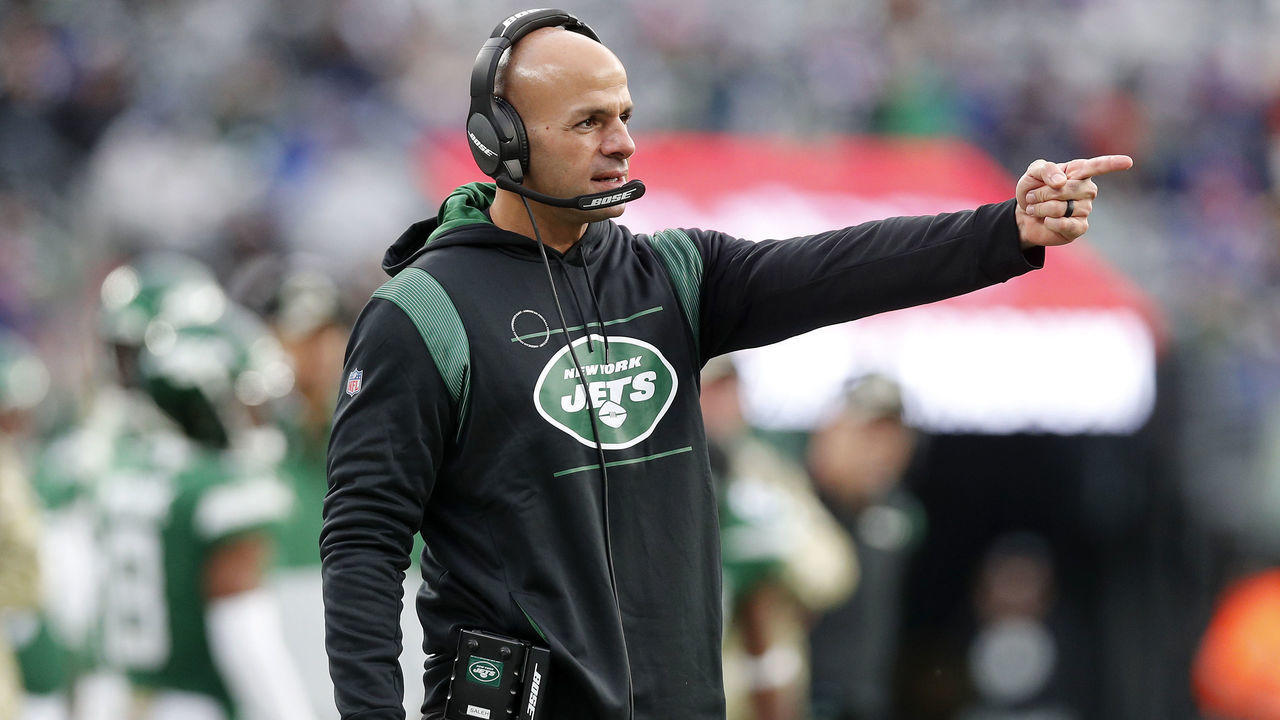 EAST RUTHERFORD, NEW JERSEY - NOVEMBER 14: (NEW YORK DAILIES OUT) Head coach Robert Saleh of the New York Jets in action against the Buffalo Bills at MetLife Stadium on November 14, 2021 in East Rutherford, New Jersey. The Bills defeated the Jets 45-17.