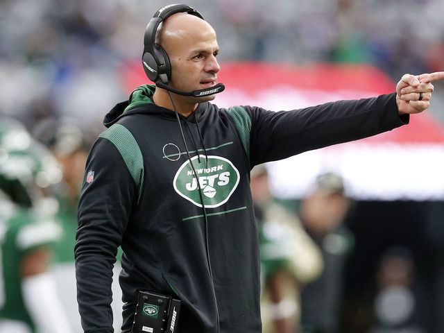 EAST RUTHERFORD, NEW JERSEY - NOVEMBER 14: (NEW YORK DAILIES OUT) Head coach Robert Saleh of the New York Jets in action against the Buffalo Bills at MetLife Stadium on November 14, 2021 in East Rutherford, New Jersey. The Bills defeated the Jets 45-17.
