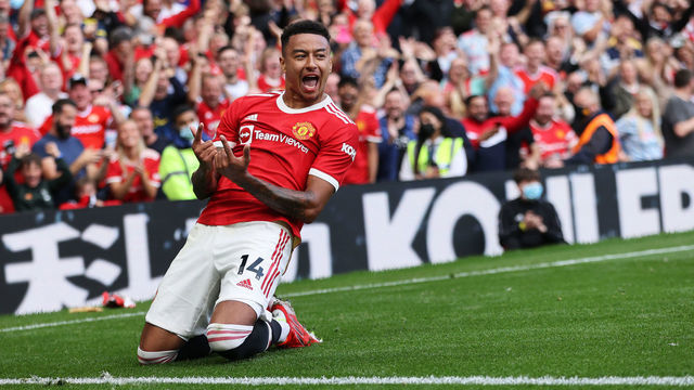 MANCHESTER, ENGLAND - SEPTEMBER 11: Jesse Lingard of Manchester United celebrates after scoring their side's fourth goal during the Premier League match between Manchester United and Newcastle United at Old Trafford on September 11, 2021 in Manchester, England.