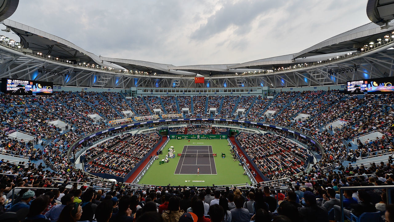 SHANGHAI, CHINA - OCTOBER 13: A general view of Novak Djokovic of Serbia hits a return against Alexander Zverev of Germany during their Singles - Semifinals match of the 2018 Rolex Shanghai Masters at Qi Zhong Tennis Centre on October 13, 2018 in Shanghai, China.