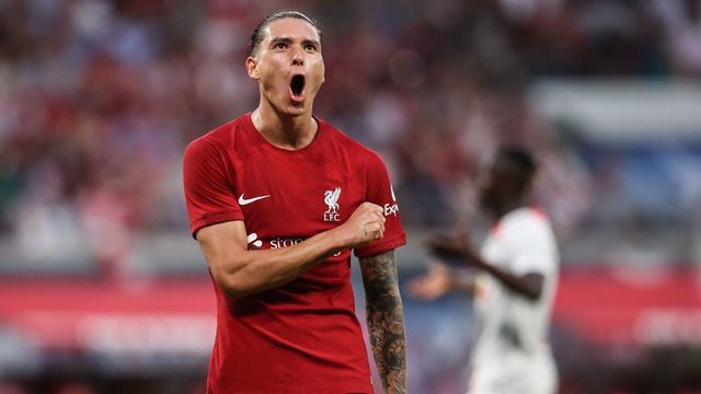 Liverpool's Uruguayan forward Darwin Nunez celebrates scoring his team's fifth goal during the friendly football match between German first division Bundesliga club RB Leipzig and Liverpool FC in Leipzig, eastern Germany, on July 21, 2022.