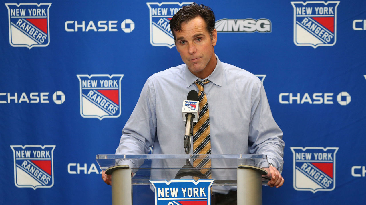NEW YORK, NY - OCTOBER 11: Head coach David Quinn of the New York Rangers addresses the media after earning his first career win as an NHL head coach following a 3-2 win in overtime against the San Jose Sharks at Madison Square Garden on October 11, 2018 in New York City.