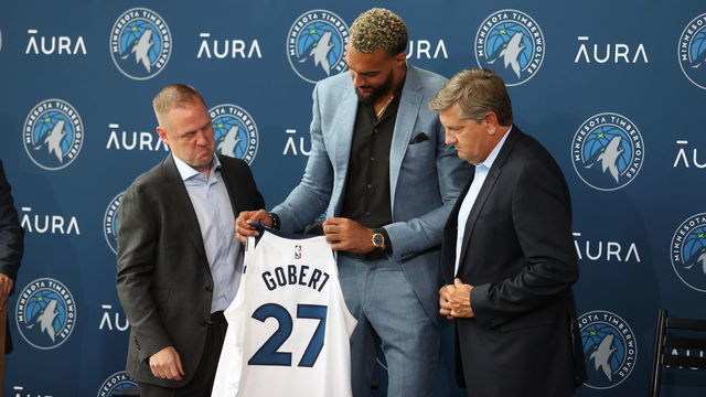 MINNEAPOLIS, MN - JULY 6: Rudy Gobert receives his jersey during the introductory press conference on July 6, 2022 at Target Center in Minneapolis, Minnesota. Mandatory Copyright Notice: Copyright 2022 NBAE