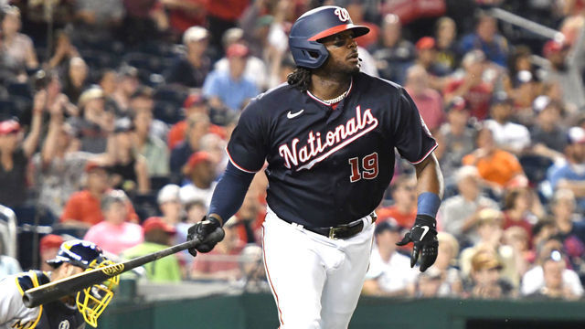 WASHINGTON, DC - JUNE 10: Josh Bell #19 of the Washington Nationals takes a swing during a baseball game against the Washington Nationals at Nationals Park on June 10, 2022 in Washington, DC.