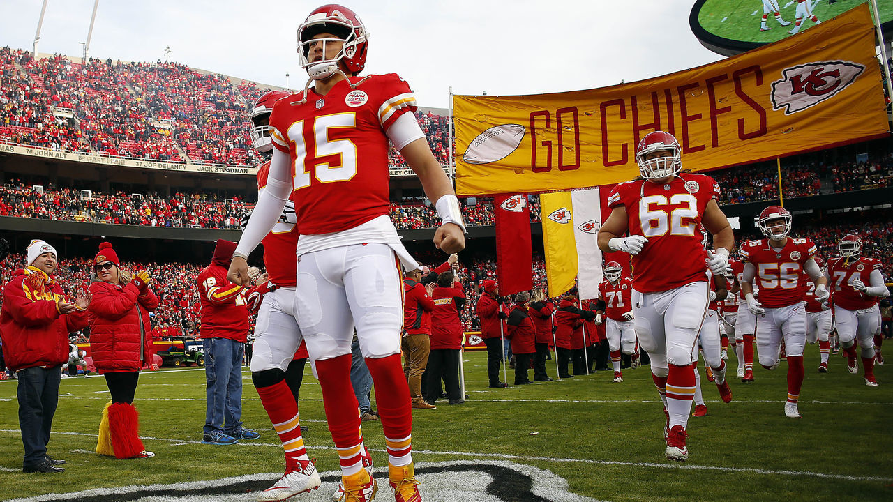 KANSAS CITY, MISSOURI - DECEMBER 30: Quarterback Patrick Mahomes #15 of the Kansas City Chiefs during player introductions prior to the game against the Oakland Raiders at Arrowhead Stadium on December 30, 2018 in Kansas City, Missouri.