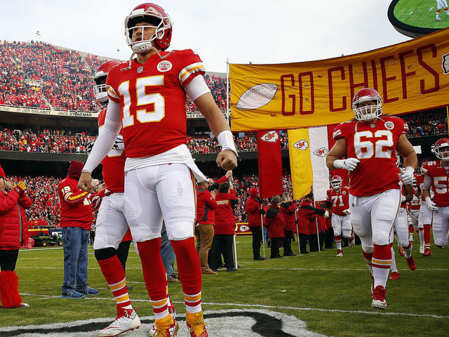 KANSAS CITY, MISSOURI - DECEMBER 30: Quarterback Patrick Mahomes #15 of the Kansas City Chiefs during player introductions prior to the game against the Oakland Raiders at Arrowhead Stadium on December 30, 2018 in Kansas City, Missouri.