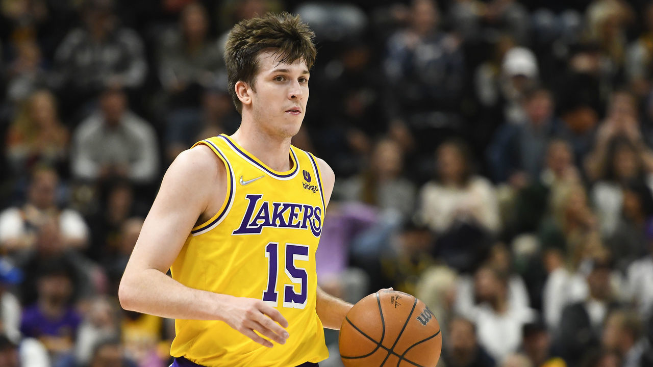 SALT LAKE CITY, UTAH - MARCH 31: Austin Reaves #15 of the Los Angeles Lakers in action during the first half of a game against the Utah Jazz at Vivint Smart Home Arena on March 31, 2022 in Salt Lake City, Utah.