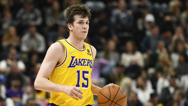SALT LAKE CITY, UTAH - MARCH 31: Austin Reaves #15 of the Los Angeles Lakers in action during the first half of a game against the Utah Jazz at Vivint Smart Home Arena on March 31, 2022 in Salt Lake City, Utah.