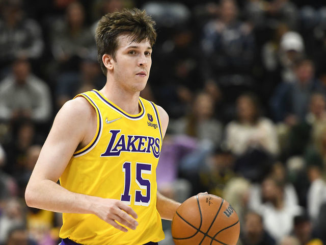 SALT LAKE CITY, UTAH - MARCH 31: Austin Reaves #15 of the Los Angeles Lakers in action during the first half of a game against the Utah Jazz at Vivint Smart Home Arena on March 31, 2022 in Salt Lake City, Utah.