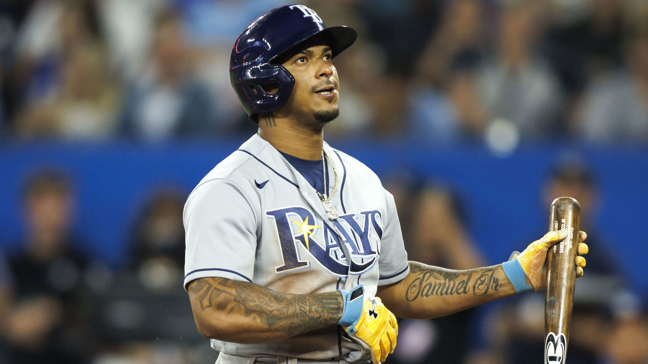 TORONTO, ON - JUNE 30: Wander Franco #5 of the Tampa Bay Rays watches his ball as he hits a foul ball in the eighth inning of their MLB game against the Toronto Blue Jays at Rogers Centre on June 30, 2022 in Toronto, Canada.