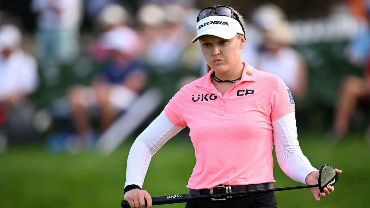 EVIAN-LES-BAINS, FRANCE - JULY 22: Brooke M. Henderson of Canada looks on on the 18th hole on day two of The Amundi Evian Championship at Evian Resort Golf Club on July 22, 2022 in Evian-les-Bains, France.