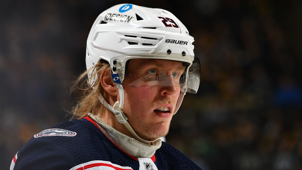 PITTSBURGH, PA - MARCH 22: Patrik Laine #29 of the Columbus Blue Jackets looks on against the Pittsburgh Penguins at PPG PAINTS Arena on March 22, 2022 in Pittsburgh, Pennsylvania.