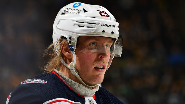 PITTSBURGH, PA - MARCH 22: Patrik Laine #29 of the Columbus Blue Jackets looks on against the Pittsburgh Penguins at PPG PAINTS Arena on March 22, 2022 in Pittsburgh, Pennsylvania.