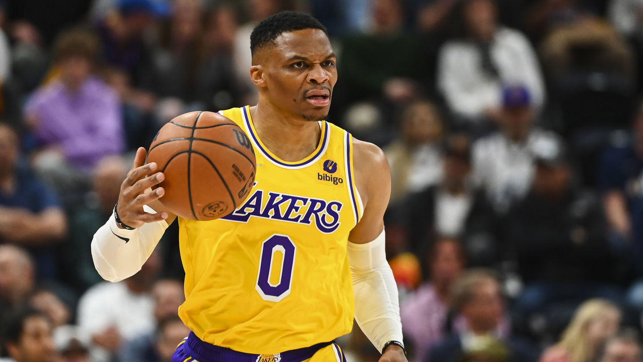 SALT LAKE CITY, UTAH - MARCH 31: Russell Westbrook #0 of the Los Angeles Lakers in action during the first half of a game against the Utah Jazz at Vivint Smart Home Arena on March 31, 2022 in Salt Lake City, Utah.
