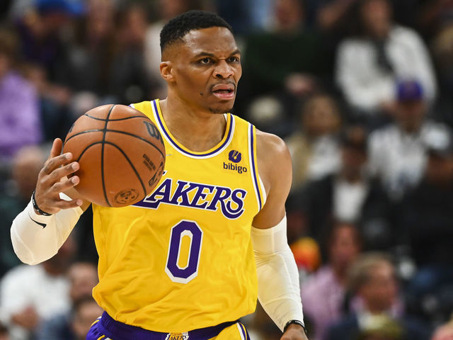 SALT LAKE CITY, UTAH - MARCH 31: Russell Westbrook #0 of the Los Angeles Lakers in action during the first half of a game against the Utah Jazz at Vivint Smart Home Arena on March 31, 2022 in Salt Lake City, Utah.