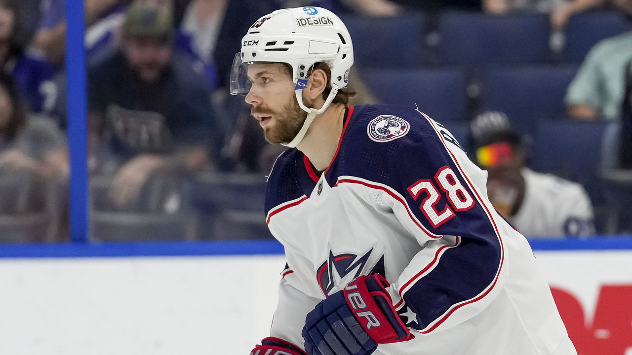 TAMPA, FL - APRIL 26: Columbus Blue Jackets right wing Oliver Bjorkstrand (28) scores a goal during the NHL Hockey match between the Tampa Bay Lightning and Columbus Blue Jackets on April 26, 2022 at Amalie Arena in Tampa, FL.