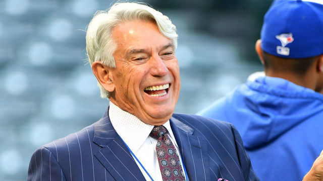 ANAHEIM, CA - MAY 01: Toronto Blue Jays broadcaster Buck Martinez laughs during batting practice before the game against the Los Angeles Angels of Anaheim at Angel Stadium of Anaheim on May 1, 2019 in Anaheim, California.