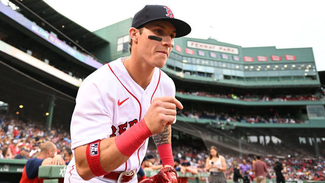 BOSTON, MA - JULY 5: Jarren Duran #40 of the Boston Red Sox runs out onto the field prior to the start of the game against the Tampa Bay Rays at Fenway Park on July 5, 2022 in Boston, Massachusetts.