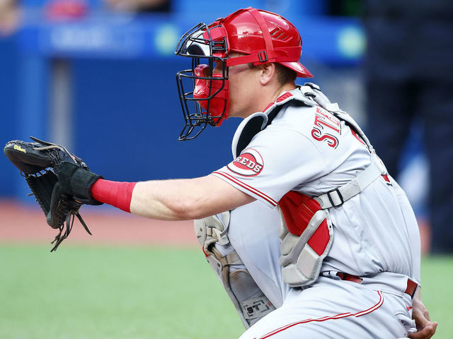 TORONTO, ON - MAY 20: Tyler Stephenson #37 of the Cincinnati Reds catches during a MLB game against the Toronto Blue Jays at Rogers Centre on May 20, 2022 in Toronto, Ontario, Canada.