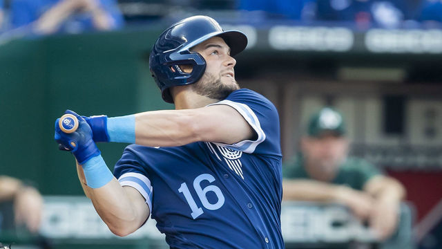 KANSAS CITY, MO - JUNE 24: Royals left fielder Andrew Benintendi (16) watches a ball hit into play during the game between the Kansas City Royals and the Oakland Athletics on Friday June 24, 2022 at Kauffman Stadium in Kansas City, MO.