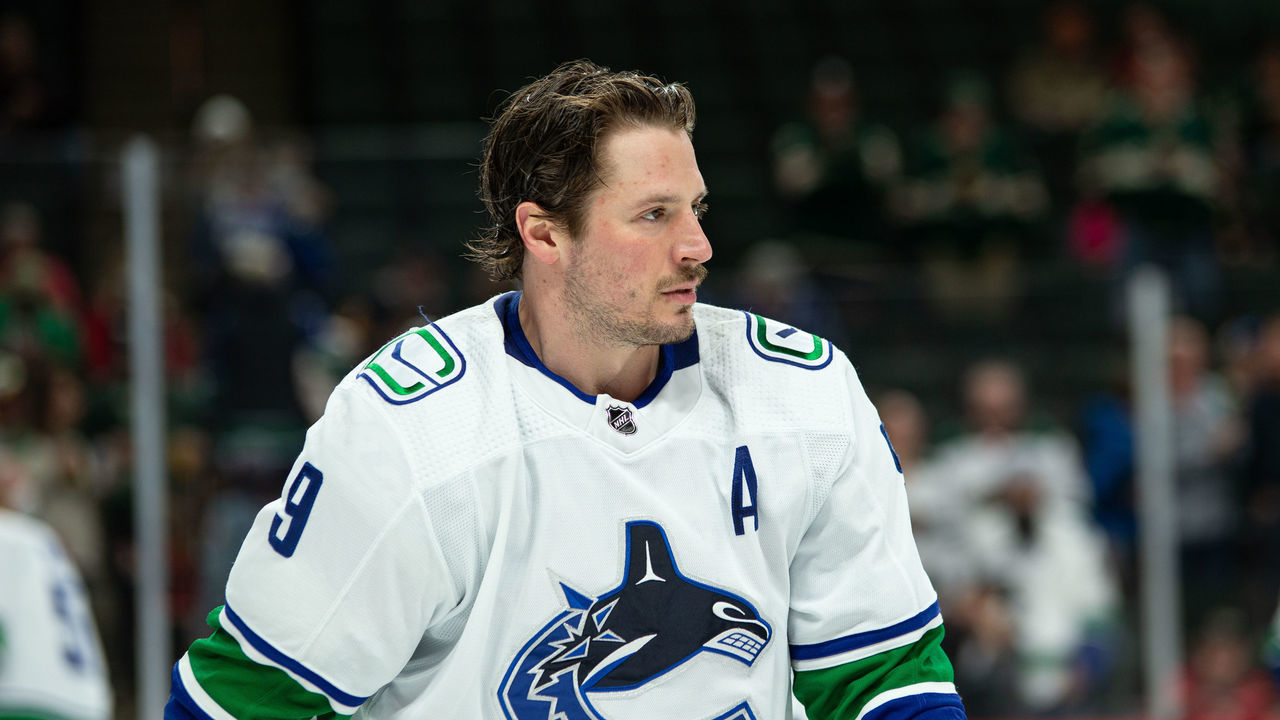 ST. PAUL, MN - APRIL 21: Vancouver Canucks Center J.T. Miller (9) warms up during the NHL game between the Vancouver Canucks and the Minnesota Wild on April 21st, 2022, at the Xcel Energy Center in Saint Paul, MN.