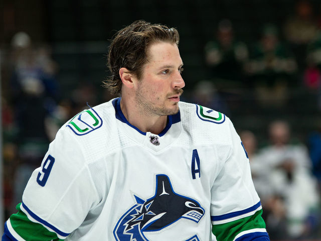 ST. PAUL, MN - APRIL 21: Vancouver Canucks Center J.T. Miller (9) warms up during the NHL game between the Vancouver Canucks and the Minnesota Wild on April 21st, 2022, at the Xcel Energy Center in Saint Paul, MN.