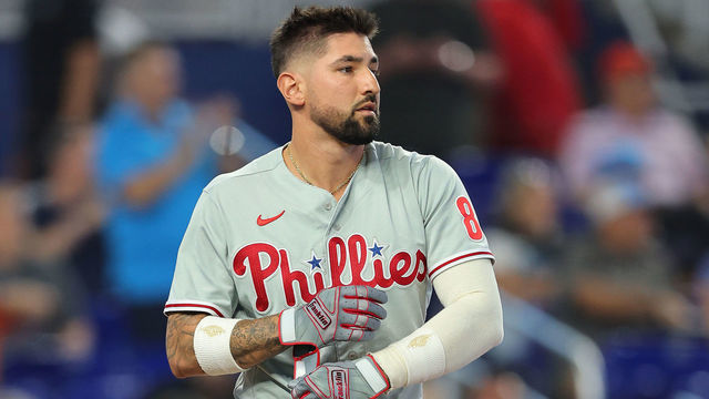 MIAMI, FLORIDA - JULY 15: Nick Castellanos #8 of the Philadelphia Phillies reacts after striking out against the Miami Marlins during the first inning at loanDepot park on July 15, 2022 in Miami, Florida.