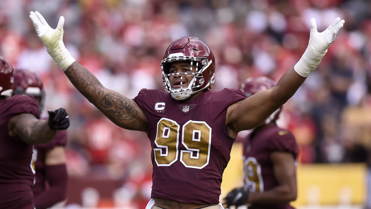 LANDOVER, MARYLAND - OCTOBER 17: Chase Young #99 of the Washington Football Team celebrates during the game against the Kansas City Chiefs at FedExField on October 17, 2021 in Landover, Maryland.