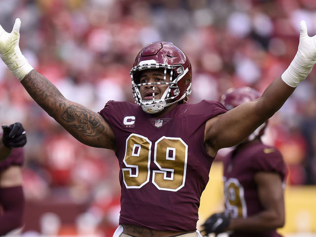 LANDOVER, MARYLAND - OCTOBER 17: Chase Young #99 of the Washington Football Team celebrates during the game against the Kansas City Chiefs at FedExField on October 17, 2021 in Landover, Maryland.