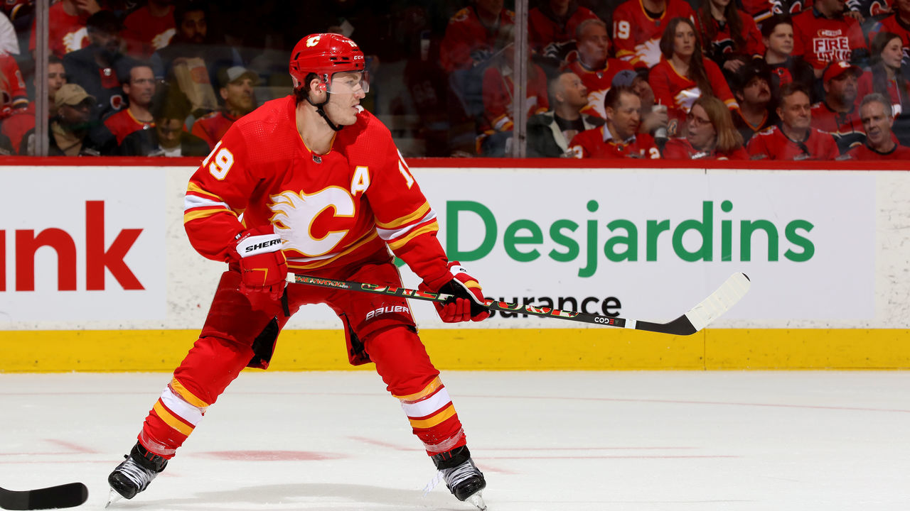 CALGARY, ALBERTA - MAY 05: Matthew Tkachuk #19 of the Calgary Flames skates against the Dallas Stars in Game Two of the First Round of the 2022 Stanley Cup Playoffs at Scotiabank Saddledome on May 05, 2022 in Calgary, Alberta.