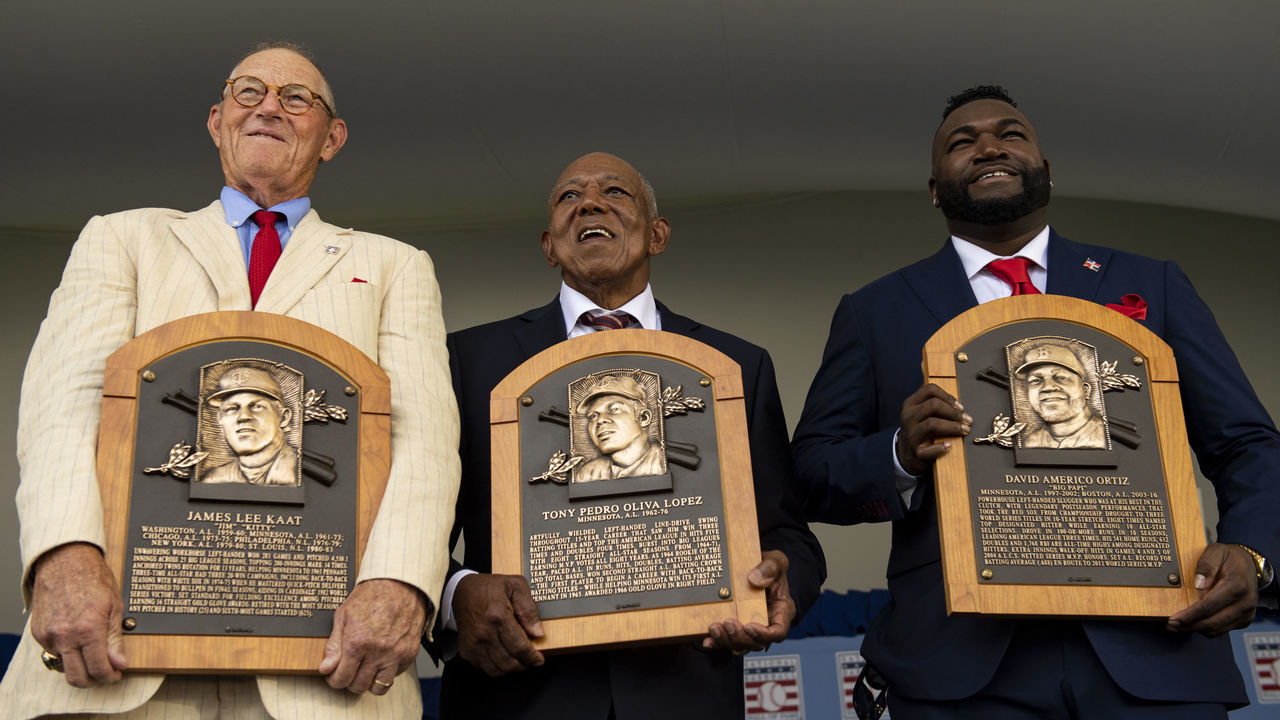 COOPERSTOWN, NY - JULY 24: Hall of Fame Class of 2022 Inductees Jim Kaat, Tony Oliva, and David Ortiz pose for a photograph after being presented with their plaques during the induction ceremony during the 2022 Hall of Fame weekend at the National Baseball Hall of Fame on July 24, 2022 in Cooperstown, New York.