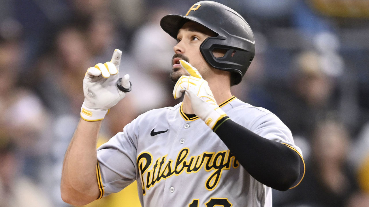 SAN DIEGO, CA - MAY 27: Bryan Reynolds #10 of the Pittsburgh Pirates points skyward after hitting a solo home run during the first inning of a baseball game against the San Diego Padres on May 27, 2022 at Petco Park in San Diego, California.