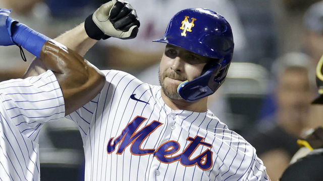 NEW YORK, NY - JULY 24: Pete Alonso #20 of the New York Mets celebrates his three-run home run with Starling Marte #6 in the sixth inning against the San Diego Padres at Citi Field on July 24, 2022 in New York City.