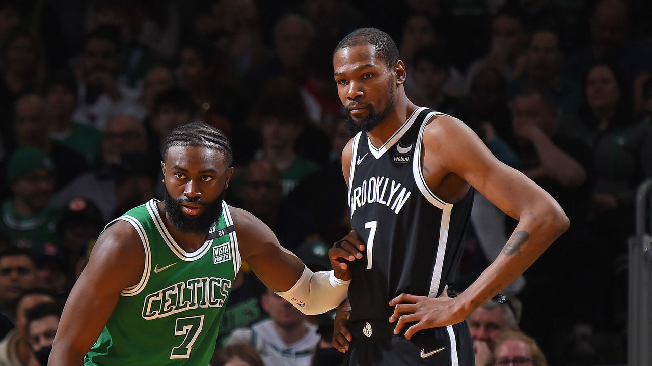 BOSTON, MA - MARCH 6: Jaylen Brown #7 of the Boston Celtics plays defense on Kevin Durant #7 of the Brooklyn Nets during the game on March 6, 2022 at the TD Garden in Boston, Massachusetts. Mandatory Copyright Notice: Copyright 2022 NBAE