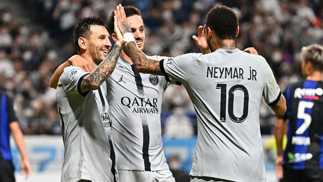 SUITA, JAPAN - JULY 25: Lionel Messi of Paris Saint-Germain celebrates scoring his side's fourth goal with his teammates Pablo Sarabia and Neymar Jr during the preseason friendly between Paris Saint-Germain and Gamba Osaka at Panasonic Stadium Suita on July 25, 2022 in Suita, Osaka, Japan.