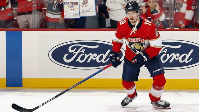 SUNRISE, FL - MARCH 29: Robert Hagg #18 of the Florida Panthers skates the ice for warm ups prior to the start of the game against the Montreal Canadiens at the FLA Live Arena on March 29, 2022 in Sunrise, Florida.