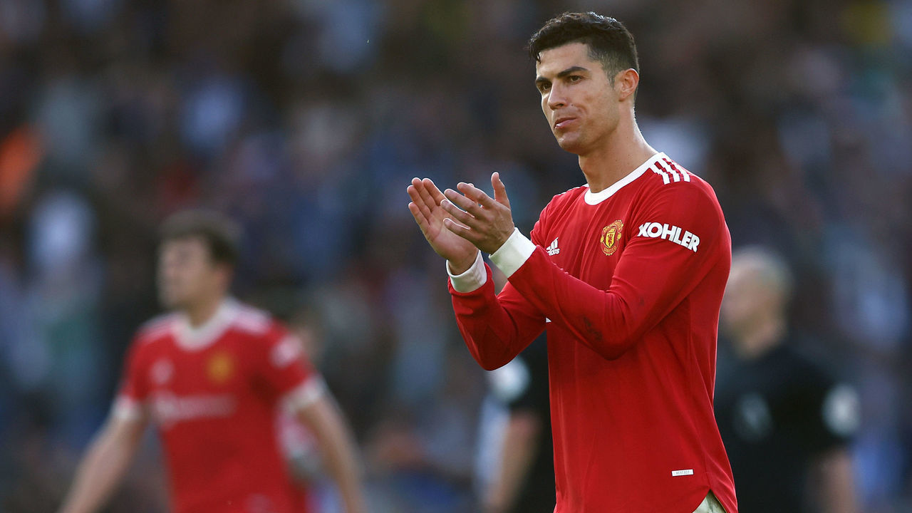 BRIGHTON, ENGLAND - MAY 07: Cristiano Ronaldo of Manchester United applauds the fans after their sides defeat during the Premier League match between Brighton & Hove Albion and Manchester United at American Express Community Stadium on May 07, 2022 in Brighton, England.