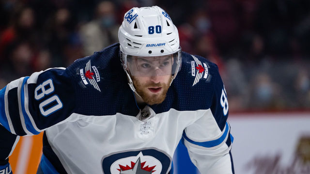 MONTREAL, QC - APRIL 11: Pierre-Luc Dubois (80) of the Winnipeg Jets waits for play to begin during the first period of the NHL game between the Winnipeg Jets and the Montreal Canadiens on April 11, 2022, at the Bell Centre in Montreal, QC