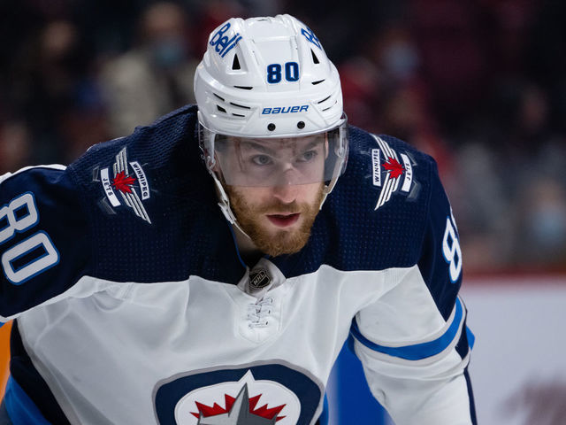 MONTREAL, QC - APRIL 11: Pierre-Luc Dubois (80) of the Winnipeg Jets waits for play to begin during the first period of the NHL game between the Winnipeg Jets and the Montreal Canadiens on April 11, 2022, at the Bell Centre in Montreal, QC
