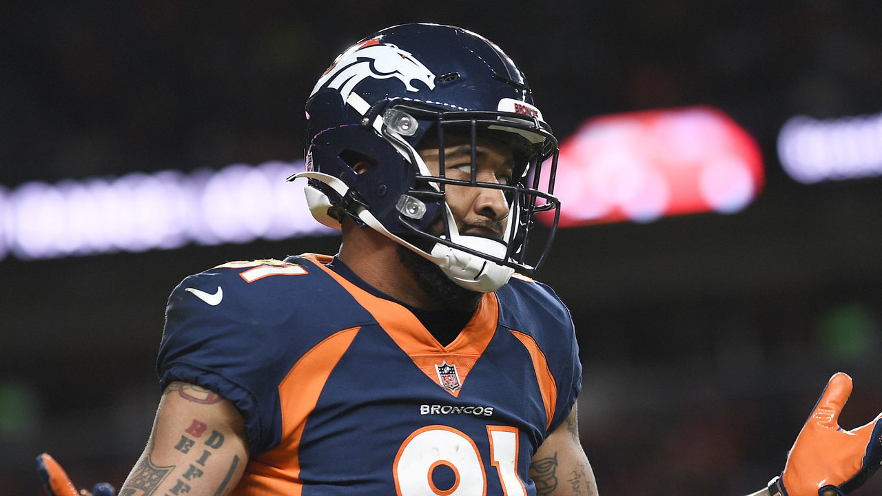 DENVER, COLORADO - JANUARY 08: Tim Patrick #81 of the Denver Broncos reacts after a non penalty call during the second half against the Kansas City Chiefs at Empower Field At Mile High on January 08, 2022 in Denver, Colorado.
