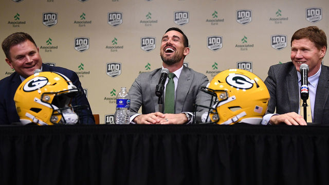 GREEN BAY, WISCONSIN - JANUARY 09: General manager Brian Gutekunst, head coach Matt LaFleur and President and CEO Mark Murphy of the Green Bay Packers speak to the media during a press conference introducing Matt LaFleur as head coach at Lambeau Field on January 09, 2019 in Green Bay, Wisconsin.