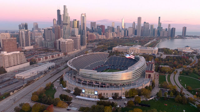 CHICAGO, ILLINOIS - OCTOBER 31: In this aerial view, Soldier Field is seen in front of the Chicago skyline before a game between the Chicago Bears and the San Francisco 49ers at Soldier Field on October 31, 2021 in Chicago, Illinois.