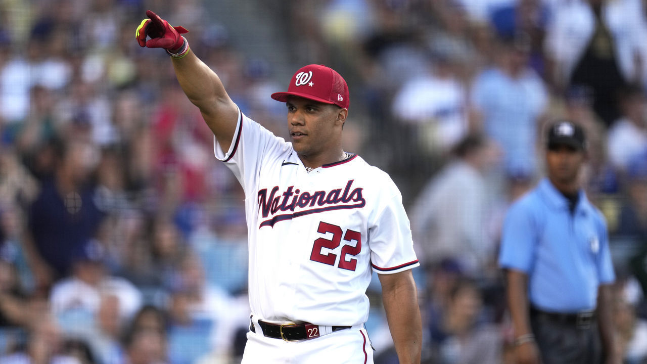 Los Angeles, CA - July 18: Juan Soto of the Washington Nationals reacts after defeating Albert Pujols of the St. Louis Cardinals to advance to the finals during the All-Star Home Run Derby at Dodger Stadium in Los Angeles on Monday, July 18, 2022.
