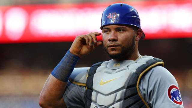 PHILADELPHIA, PA - JULY 23: Willson Contreras #40 of the Chicago Cubs adjusts his ear piece to communicate to the pitcher through PitchCom during a game against the Philadelphia Phillies at Citizens Bank Park on July 23, 2022 in Philadelphia, Pennsylvania. The Cubs defeated the Phillies 6-2 in 10 innings.